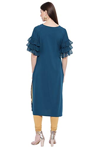 Image of Janasya Women's Teal Poly Crepe Gold Print Straight Kurta