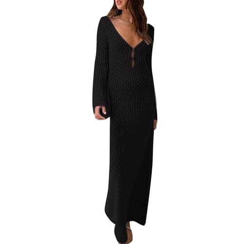 Falda de playa de invierno de color sólido sexy con espalda abierta vestido de punto falda larga bikini cubierta, Negro , talla única