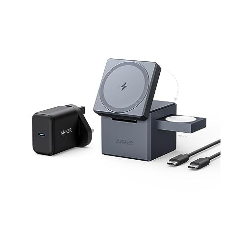 Anker 3-in-1 Cube Compatible with MagSafe - 15W Fast Charging, Foldable Wireless Charge Station for Apple Watch, iPhone 16/15/14/13, and AirPods Pro (Charger and Interchangeable Plugs Includ