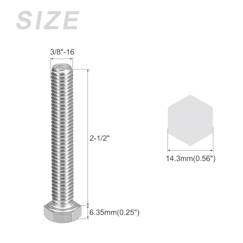 Image of METALLIXITY Hex Head Bolts (3 /8-16 x 2-1 /2 inch) 10Pcs, 304 Stainless Steel 18-8, Fully Threaded, External Hex Drive, Plain Finish, Hex Head Screw Bolt, Silver