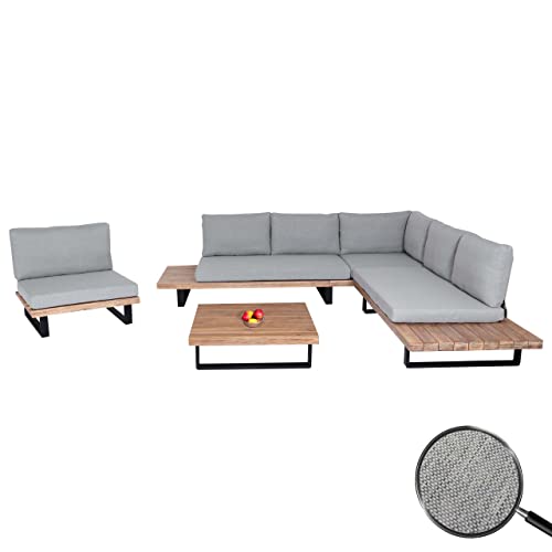 Mendler Garten-Garnitur mit Sessel HWC-H54, Lounge-Set Sofa, Spun Poly Akazie Holz FSC® Aluminium - Hellbraun, Polster hellgrau