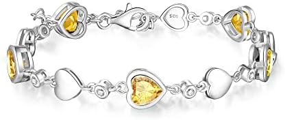 Carleen November Birthstone Bracelet 925 Sterling Silver Created Citrine Bracelet for Women Heart Shape Station Tennis Bracelet Gemstone Jewelry for Girls Wife Mom