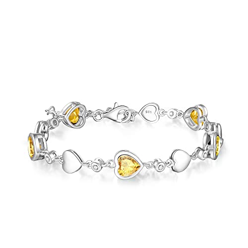 Carleen November Birthstone Bracelet 925 Sterling Silver Created Citrine Bracelet For Women Heart Shape Station Tennis Bracelet Gemstone Jewelry For Girls Wife Mom #TOP3