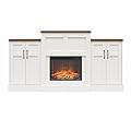 Ameriwood Home Hattie Mantel with Electric Fireplace and Built-in Side Storage Cabinets, White with Brown Oak