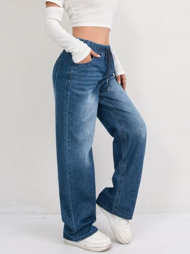 Women's Wide-Leg Stretchy High-Waisted Flared Denim Pants with Elastic Waist4