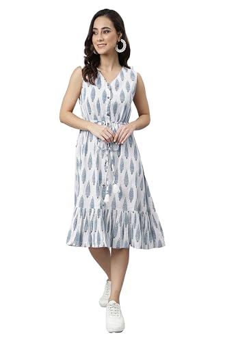 Image of Janasya Women's Cotton Ethnic Motifs Flared Western Dress