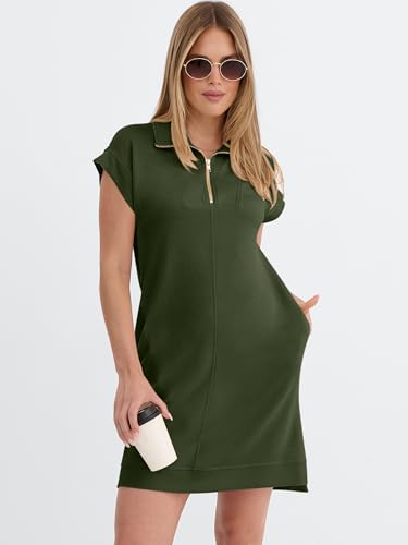 Image of ANRABESS Womens Summer Casual Half Zip Cap Sleeve Trendy Wrinkle-Free Tshirt Dress 2026 Spring Beach Vacation Short Dresses
