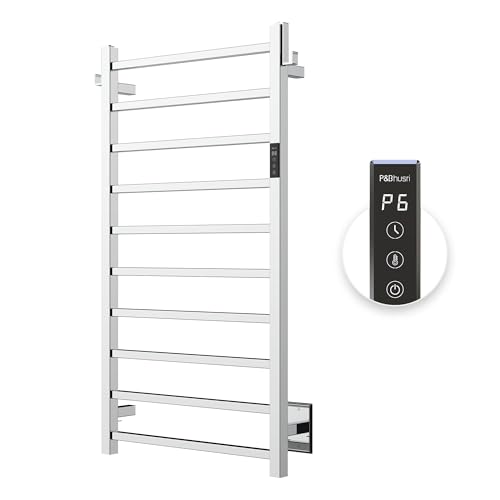 P&Bhusri Heated Towel Rack, 10-Bar Towel Warmer Rack for Bathroom, Wall Mounted Electric Towel Rack with Timer and LED Indicator, Stainless Steel Polished, Hard-Wired/Pulg-in