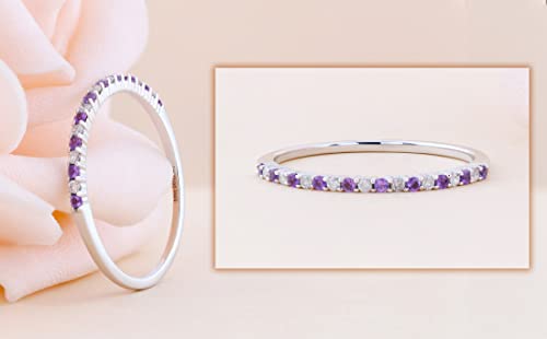 14K Solid Gold Round Amethyst & White Diamond Womens Anniversary Wedding Band Stackable Ring3
