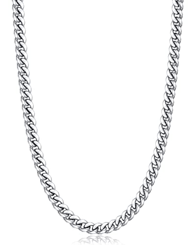 Jewlpire Silver Chain for Men 6mm Mens Necklace Cuban Link Chain Necklace for Men Stainless Steel Chain Necklace Sturdy & Durable Mens Necklaces 18 inch