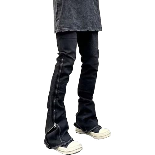 Stacked Jeans Men Retro Flared Black Denim Pants Slim Fit Black Streetwear Zipper Hem Gothic Style