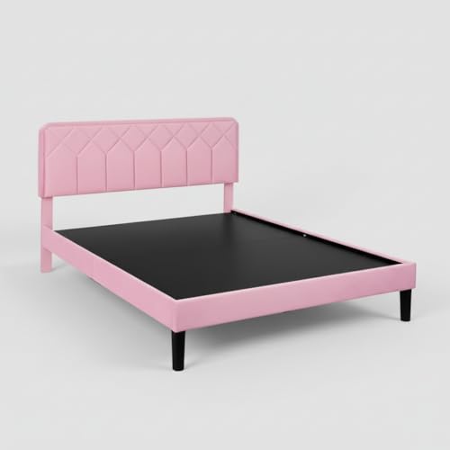 Image of APRODZ Queen Size Bed | Upholstered Platform Bed Frame with Velvet Tufted Headboard & Wooden Slat Support | Bed Queen Size Without Storage | No Box Spring Required | Black Wooden Legs Pink Fabric