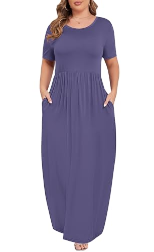 Image of KARALIN Women Plus Size Maxi Dress Short Sleeve Round Neck Loose Fit A-Line | Plus Size Long Dress,Summer Casual Maxi Dresses,Short Sleeve,Side Pockets,Round Neck,Elastic Waist,14 Plus - 26 Plus