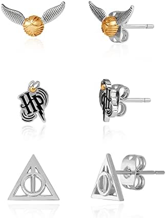 Harry Potter Jewelry, Stud Earrings Sets, 3 Pairs - HP, Deathly Hallows, and Golden Snitch, Gold Plated, Silver Plated