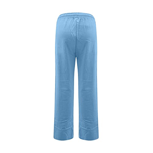 Straight Leg Linen Pants Women Summer Drawstring Elastic Waist Comfy Work Pants Casual Loose Beach Trouser Pants3