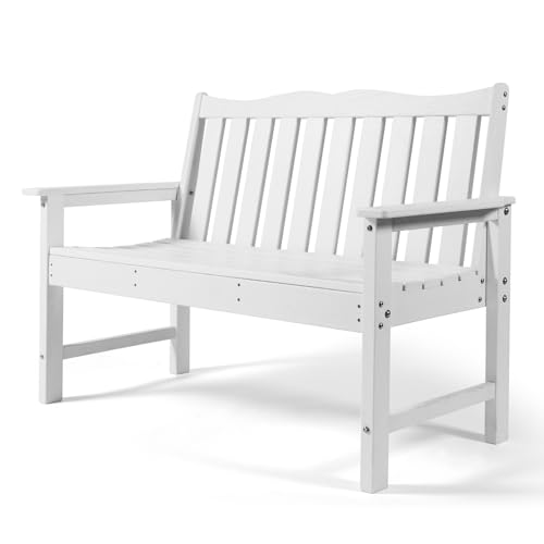 Backyard Expressions Poly Patio Bench (800 Lb Capacity) – Weatherproof Outdoor Bench, Low Maintenance, Heavy-Duty Recycled Material – Ideal for Porch, Patio & Park (White Woodgrain Look)