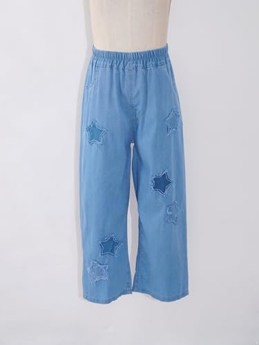 Kids Girls Jeans Teens Distressed Ripped Wide Leg Pants Casual Elastic Waist Denim Jeans3