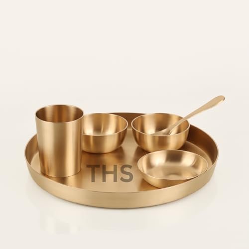 6-Piece Kansa Solid Dinner Set|Matte Finish|1 Plate (11.5" Thali),2 Bowls,1 Glass,1 Sweet Dish Plate,1 Spoon | Bronze Kansa Dinner Set 6 MATT Finish