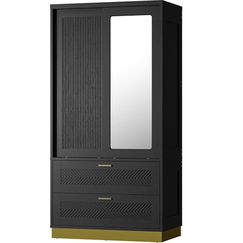 71' Modern Armoire Wardrobe Closet with Mirror, 2-Door Tall Wardrobe Closet with Sliding Doors...
