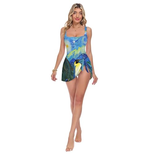 Maillot de bain une pièce contrôle du ventre amincissant motif pingouins nuit