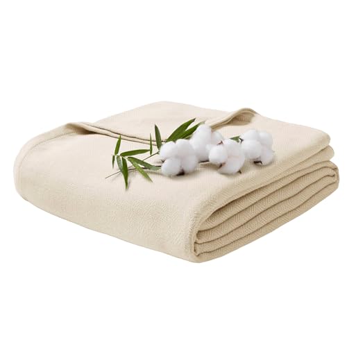 Twin Size Blanket, 70% Rayon (Derived from Bamboo) and 30% Cotton, Lightweight Jacquard Weave, Breathable and Soft Summer Blanket for Bed or Couch, 66” x 90”, Ivory