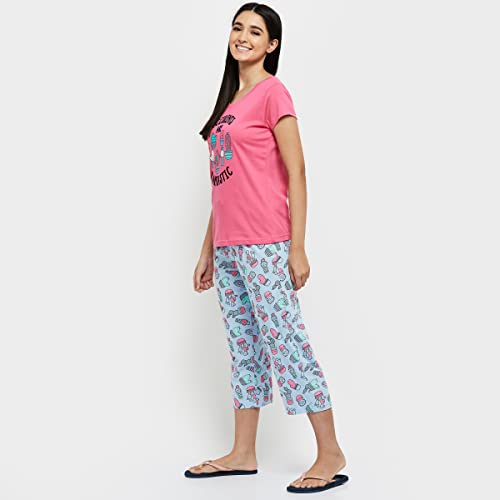 Image of Max Women Nylon Printed Round Neck Capris Set T-Shirt with Capris