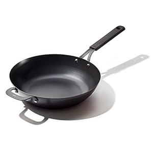 OXO Obsidian Pre-Seasoned Carbon Steel, 12″ Wok Pan with Removable Silicone Handle Holder, Induction, Oven Safe, Black