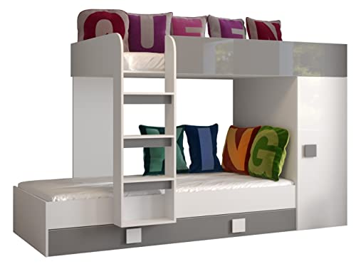 MEBLE KRYSPOL Toledo 2 Hochbett für 2 Kinder, Jugendliche mit Stauraum - Etagenbett mit Schreibtisch, Kleiderschrank, Regal, Schubladen, Treppe - 254x94x165 cm - Weiß, Grau, Weiß + Grau