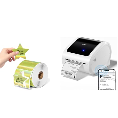 Image of Bluetooth Shipping Label Printer 4x6 with 500 Sheets 3 Inch Golden Star Holographic Thermal Labels, Bluetooth Thermal Label Printer for Shipping Packages, Compatible with USPS, Shopify, Amazon, Tiktok