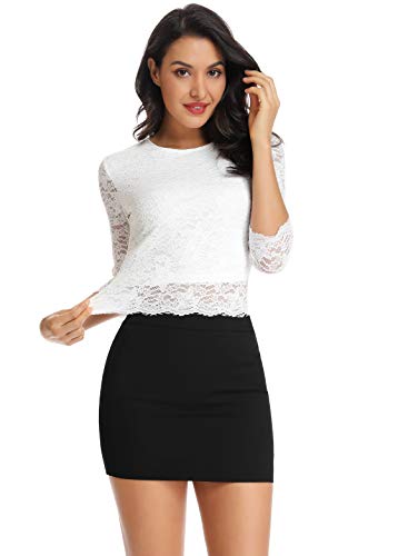 KalyChic Womens 3/4 Sleeve Round Neck Sheer Blouse Scalloped Lace Crop Top White M