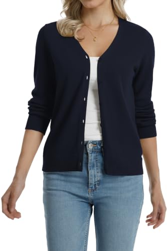 Image of QUALFORT Women's 100% Cotton Lightweight Cardigans Long Sleeve Knitted Button Down Sweater