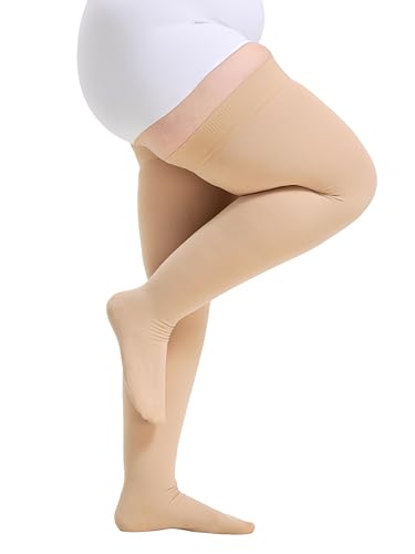Image of Thigh High Compression Stockings 20-30mmHg Closed Toe - Extra Wide Calf Support for Varicose Veins & Pregnancy, Non-Slip Band, Size 4X-Large, Beige