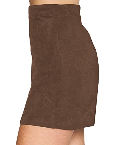 Image of MANGOPOP Women's Basic Faux Suede High Waist A-line Mini Pencil Bodycon Skirt (A03 Khaki, Small)