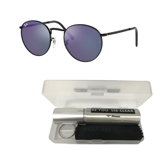 Ray-Ban RB3637 Sunglasses Bundle: RB 3637 NEW ROUND 002/G1 New Round Black Green Mirror B and Eyewear Cleaning Kit2