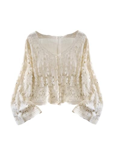 MakeMeChic Women's Plus Size Cardigan Floral Long Sleeve V Neck Hollow Out Button Front Sweater