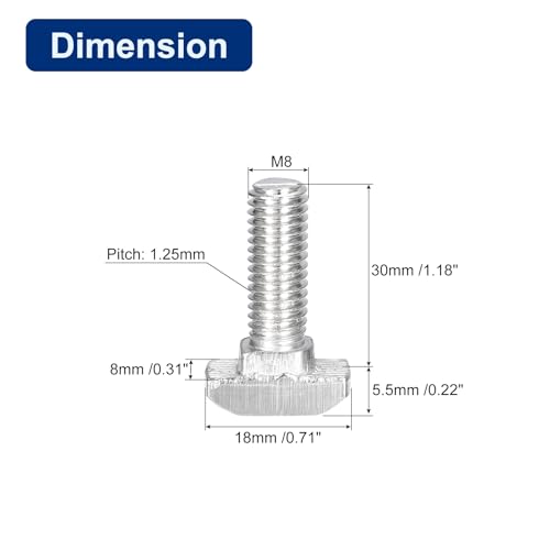 Image of uxcell 30Pcs T-Slot Bolts, M8 x 30mm Hammer Head Bolt T Screw Drop-in Stud for 4040 Series T-Slot Aluminum Extrusion Profile, 304 Stainless Steel, Silver
