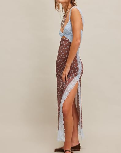 Image of Women Sexy Lace Patchwork Mesh Dress Floral Print Cutout Sweetheart Neck Backless Slit Summer Maxi Dress