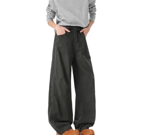 Men Straight Jeans Vintage Wash Wide Leg Denim Pants Solid Color Loose Fit Casual High Street Trousers