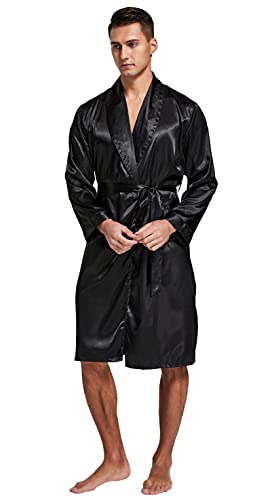 Image of TONY AND CANDICE Men's Satin Robe Lightweight Long Sleeve Silk Kimono Bathrobe with Shorts Set Sleepwear