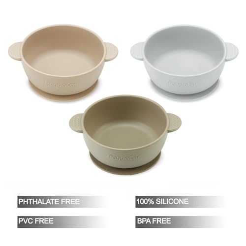 Image of PandaEar 3 Pack Baby Bowls with Suction| Stay Put Silicone Food Bowl for Babies Kids Toddlers Infants| Food Grade Soft Safe BPA-Free Silicone (Brown Grey Tan)