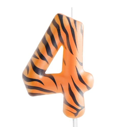Zi Lan Tiger Stripe 4th Birthday Number Candle, Jungle Animal Tiger Printed Cake Topper for Boys Girls Kids Birthday Party Decorations Supplies