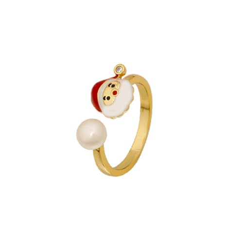Kokoma Christmas Santa Claus Pearl Ring, Gold Plated Adjustable Open Band Christmas Ring Statement Stacking Rings Cute Jewlery for Xmas Holiday Party