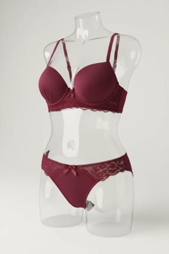 Image of Women's Elegant Lace Trim Padded Lingerie Set with Bow Detail, Push-Up Bra and Matching Panty, Available in six Colours