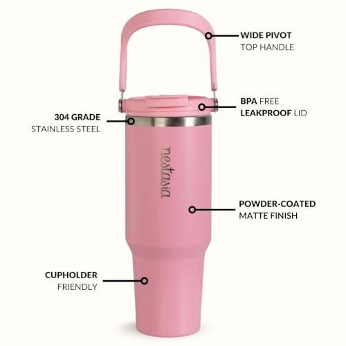 Image of Nestasia PickSip40 Tumbler with Straw & Top Handle 1.2L | Two Sided Lid with Sip & Gulp - Leakproof & Dustproof | Insulated Stainless Steel Sipper Water Bottle for Adults (Tropical Pink)