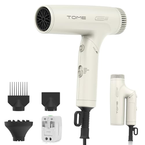 TOME Dual Voltage Travel Hair Dryer, Foldable Blow Dryer, DC Motor, 1200W Fast Drying, Cool Shot, 3 Heat 3 Speed, Nozzle, Diffuser, 120–240V Universal Adapter White