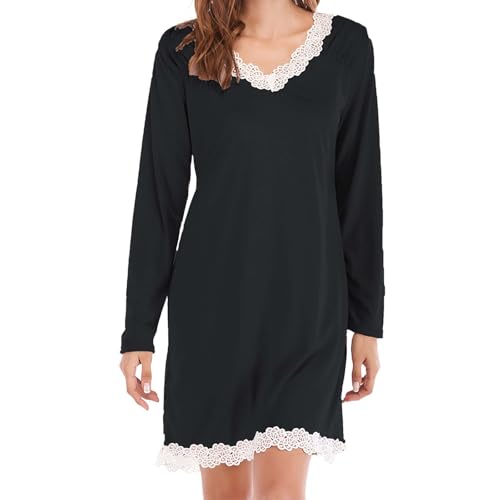 Camicia da notte da donna a maniche lunghe sexy con pizzo, pigiama corto da donna in cotone, camicia da notte morbida con scollo a V, chemise in seta, comoda biancheria da notte, affascinante