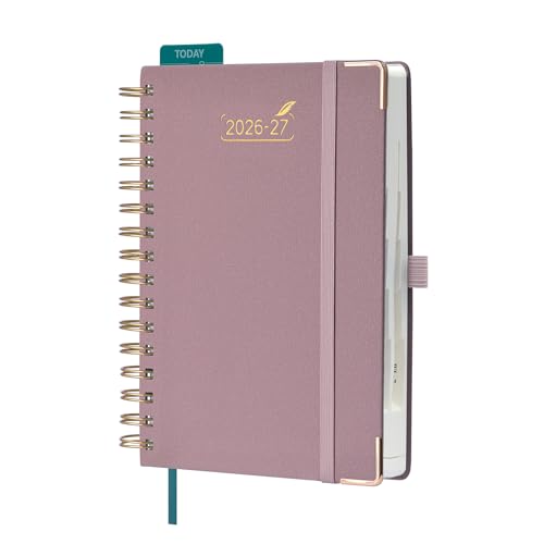 BEZEND Agenda Escolar 2026 2027 Día por Página A5 Espiral, 12 Meses de Ago.26 a Jul.27, Agenda Diaria 15,5 x 21 cm, Dia Vista con Intervalos de 30 minutos, Tapa Dura en Cuero PU - Rosa