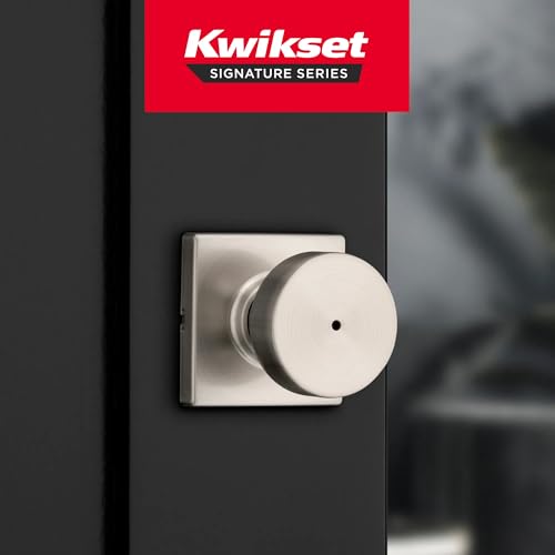 Image of Kwikset Pismo Interior Square Privacy Door Knob with Lock, Door Handle for Bathroom and Bedroom, Satin Nickel Keyless Push Button Lock Doorknob