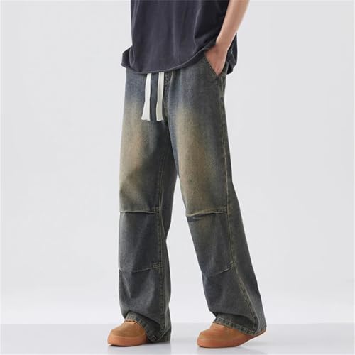 Men’S Baggy Jeans Straight Fit Denim Trousers with Elastic Waist Washed Trendy Wide Leg Pants3