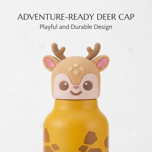 Image of JOUET Kids Stainless Steel Water Bottle 280ml with Cute Giraffe Character Lid, Yellow Leakproof Drinking Bottle for School, Travel & Daily Use